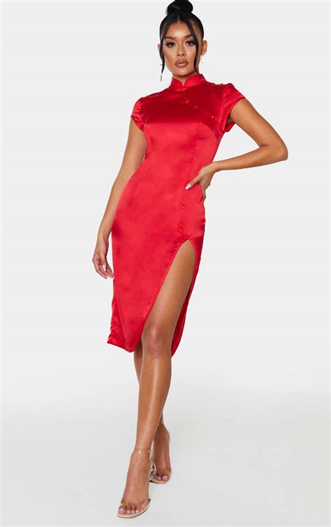 Red High Neck Short Sleeve Midi Dress Prettylittlething Aus
