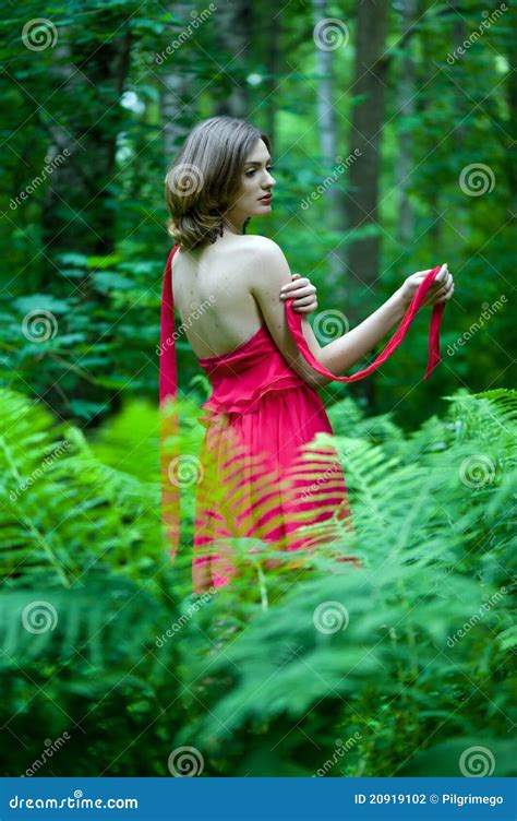 Mooie Vrouw Met Naakt Terug In De Zomerbos Stock Foto Image Of Boete