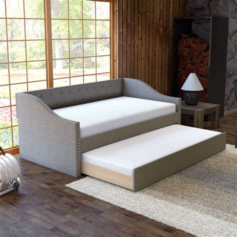 Premier Vermont Gray Upholstered Tufted Daybed With Trundle Twin