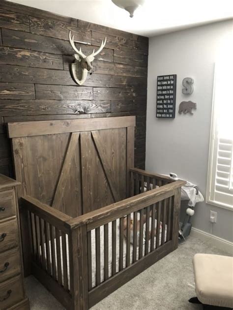 Diy toddler bed with slide. Farmhouse crib with distressed plank wall. Plans by Shanty ...