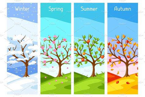 Four Seasons Illustration Of Tree And Landscape In Winter Spring