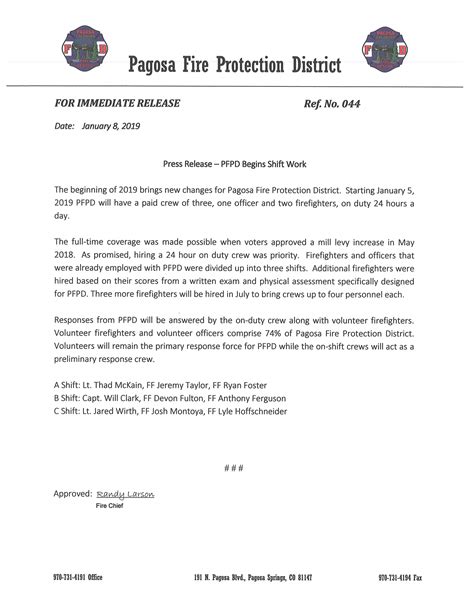 Press Release Pagosa Fire Protection District