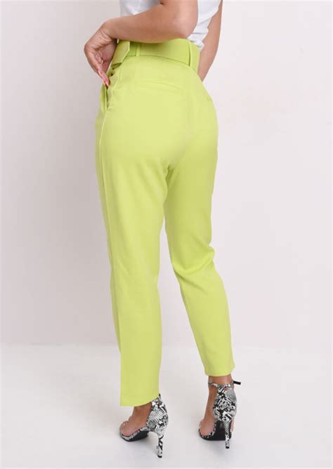High Waisted Belted Trousers Neon Green Lily Lulu