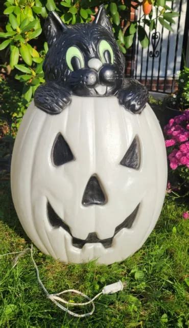 Vintage Halloween Blow Mold Jack O Lantern Pumpkin Black Cat Lighted