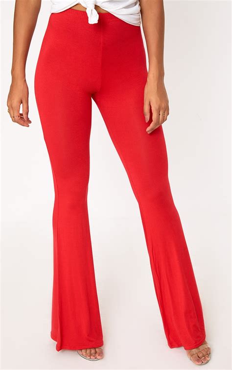 Red Basic Jersey Flared Pants Pants Prettylittlething Ca