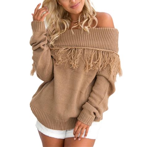 Fashion Winter Women Sexy Off Shoulder Sweaters Tassel Knitted Pullover