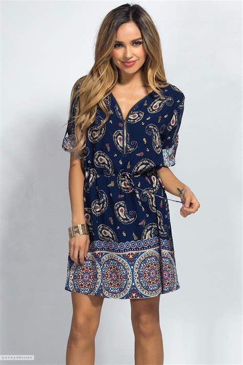 Navy Blue Paisley Print Short Tunic Dress With Roll Up Sleeves Summer