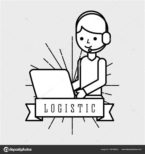 Logistic Man Operator Headset And Laptop Emblem Style Stock Vector