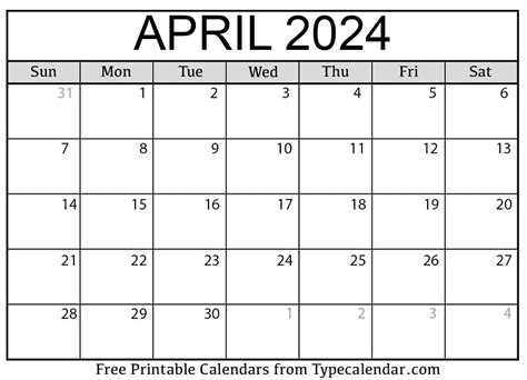 2024 Printable Calendar April Printable 2024 Calendar Free Printable