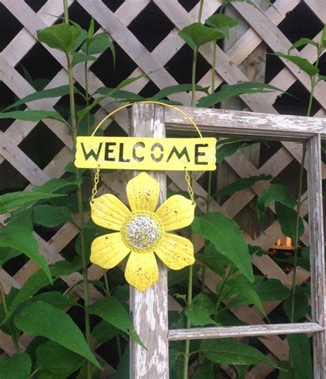 Glittered Sunny Yellow Flower Welcome Sign Metal Yard Art