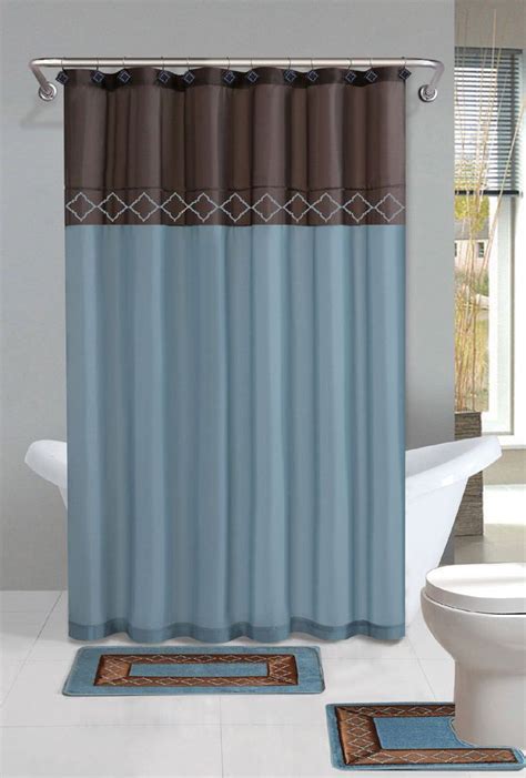 Brown sofa and blue curtain in small living room. Brown Blue Modern Shower Curtain 15 Pcs Bath Rug Mat ...