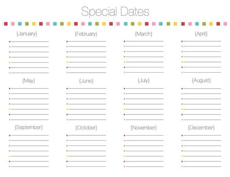 A Printable Calendar With The Words Special Dates In Rainbows And Dots