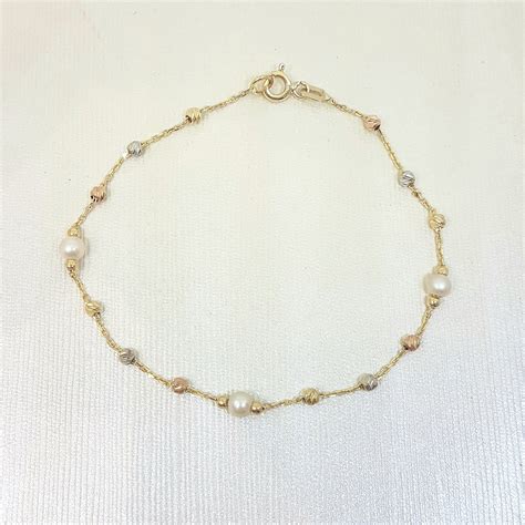 14k Real Solid Gold Bracelet Beaded Pearls And Italian Balls Design For