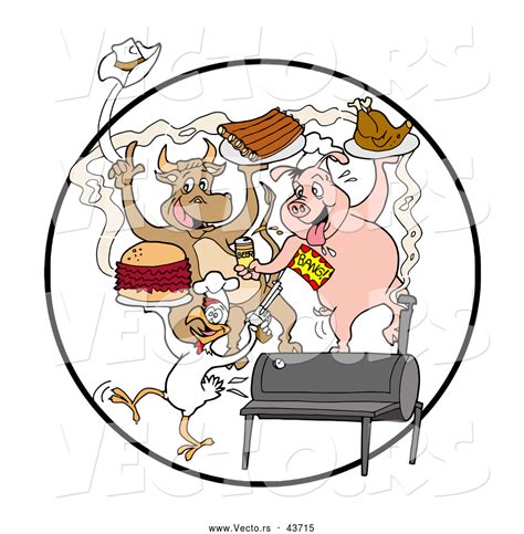 Vector Of A Happy Cartoon Cow Pig And Chicken Celebrating With A Bbq