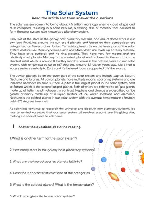 Printable The Solar System Reading Comprehension