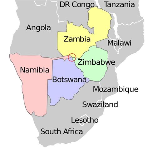 Map Showing The Botswana Namibia Zambia Zimbabwe Near Quadripoint