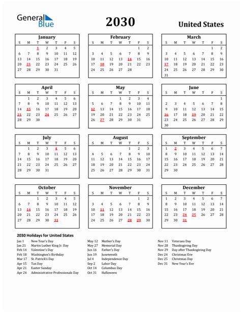 Free Printable 2030 United States Holiday Calendar