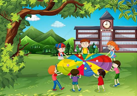 Children Playing In The School Yard Scenery Clipart Activity Vector
