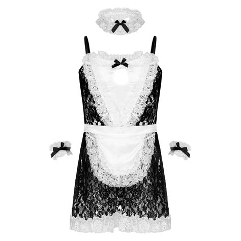 Mens Sissy Maid Cosplay Outfits Satin Patchwork See Through Floral Lace Frilly Sissy Maid Dress