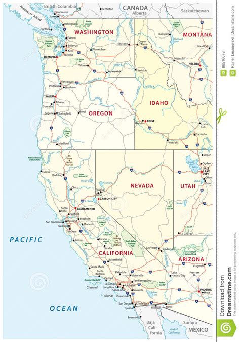 Roads Political And Administrative Map Of The Western United States Of