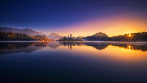 Clouds Sunrise Lake Reflection Lake Bled Nature Slovenia Church