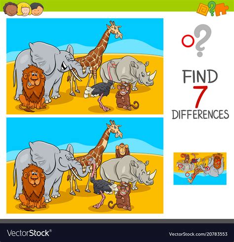 Find Differences Game With Safari Animals Vector Image