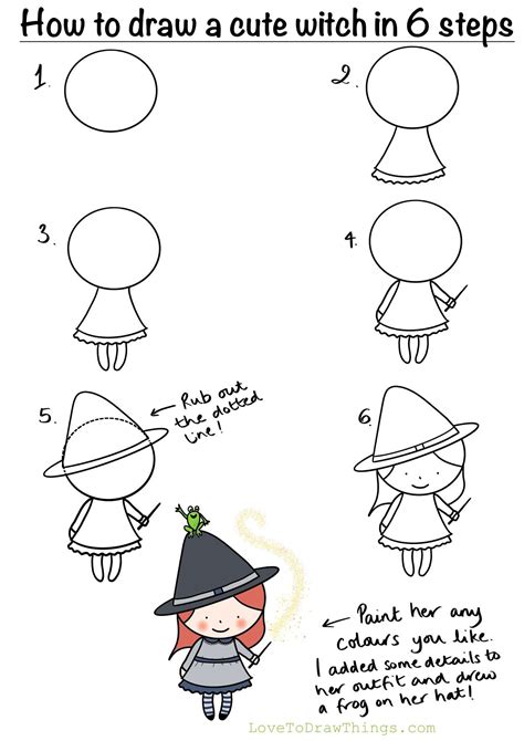 How To Draw A Cute Witch In 6 Steps Cute Easy Drawings Easy Doodles