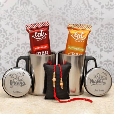 Bhaiya Bhabhi Rakhi With Personalized Steel Mugs Health Bars Gift