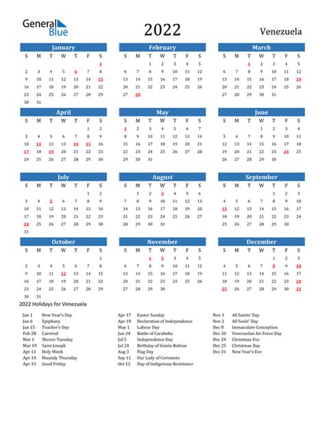 Venezuela Calendars With Holidays