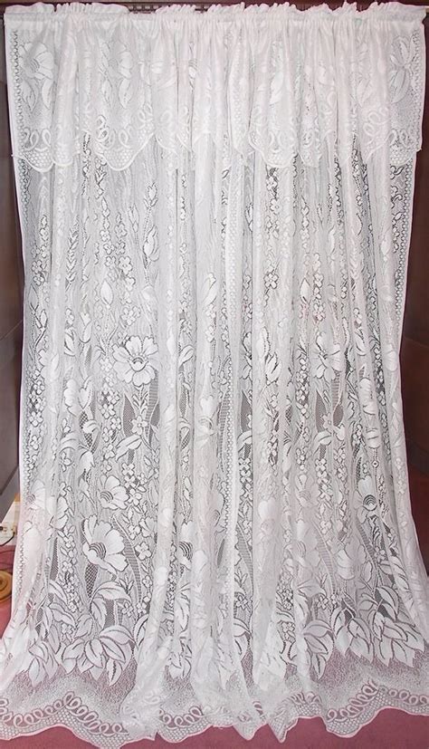 Vtg Pair White Victorian French Country Chic Net Floral Lace Drapes