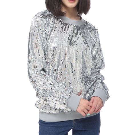 Feinuhan Womens Long Sleeve Sequin Party Blouse Pullover Top Silver