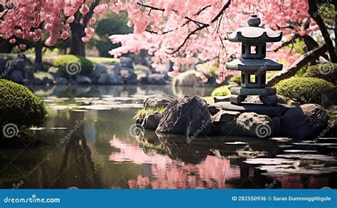 Tranquil and Picturesque Traditional Japanese Garden in Full Bloom with