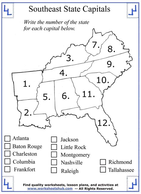 Southeast Region States And Capitals Worksheets