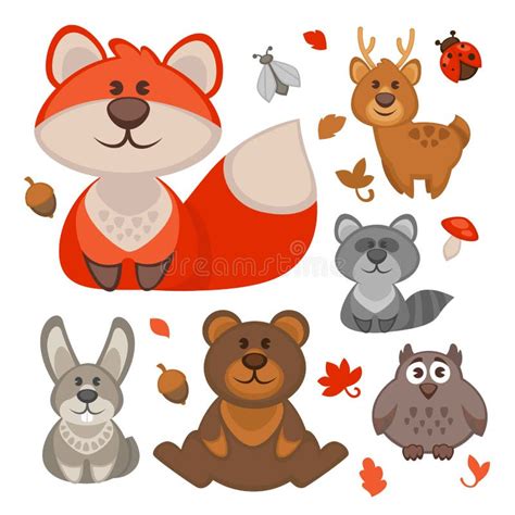 Set Of Cute Cartoon Forest Animals Stock Vector Illustration Of Leaf