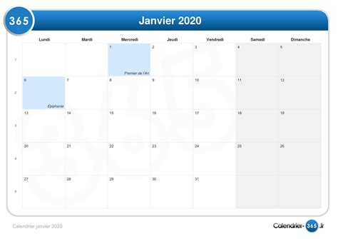 Calendrier Janvier 2020