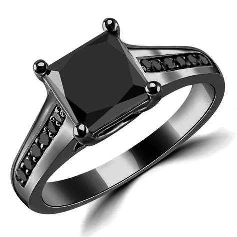 2ct Princess Cut Fancy Black Diamond Engagement Ring 14k Black Gold