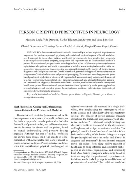 Pdf Person Oriented Perspectives In Neurology Iris Zavoreo