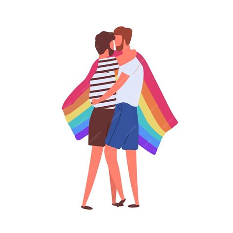 Premium Vector Homosexual Cartoon Male Couple Hugging Covering Rainbow Flag Vector Flat