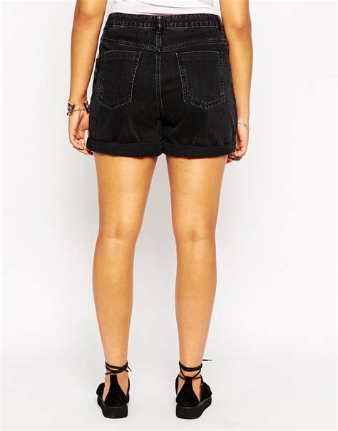 Asos Curve High Waist Denim Mom Short In Washed Black 48 Asos Lookastic