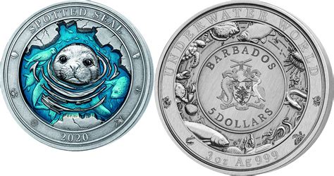 5 Dollars Spotted Seal Underwater World 3 Oz Silver Coin 5 Barbados