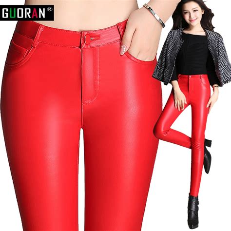 High Waist Leather Pants Women Pu Leggings Red Plus Size 2016 Winter