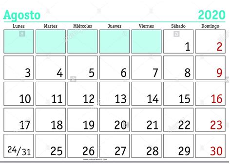 Lunes 2 a domingo 8 de agosto inicio de clases: Calendario Agosto 2020 Vacaciones | Zudocalendrio