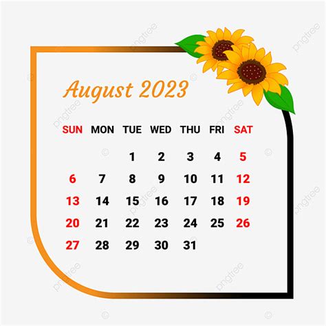 Months 2023 Vector Png Images 2023 August Month Calendar With Flower