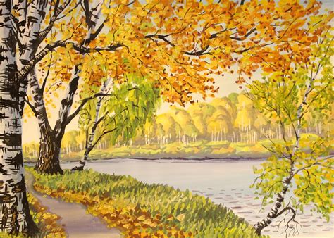 Рисовать поэтапно осень Пейзажи Осенний пейзаж Гуашь