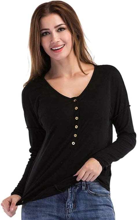 Damen V Ausschnitt Langarm T Shirt Bluse Hemd Classic Basic Einfarbig Casual Top Herbst Mode
