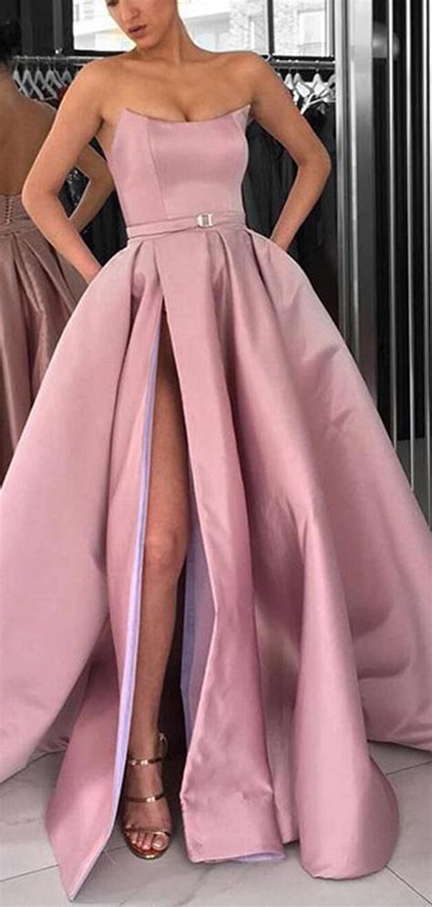 Dusty Pink Satin Strapless Pockets Ball Gown Prom Dressespd00151