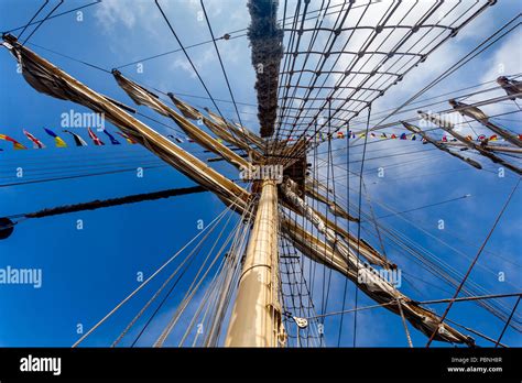 Cable Ladders Mast And Ropes Of Sailing Ship Against The Blue Sky