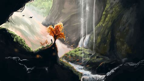 Download Wallpaper 2560x1440 Silhouette Tree Waterfall Cave Art