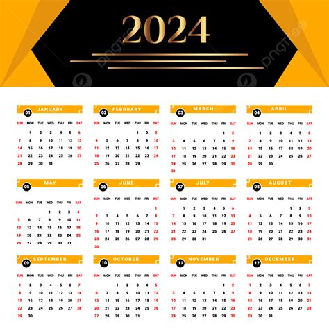 تقويم عام 2024 بنمط هندسي ذهبي وأصفر المتجه تقويم تقويم عام 2024