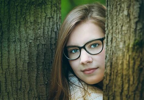 Girl Glasses Portrait Young People Eyes Beauty Forest Park